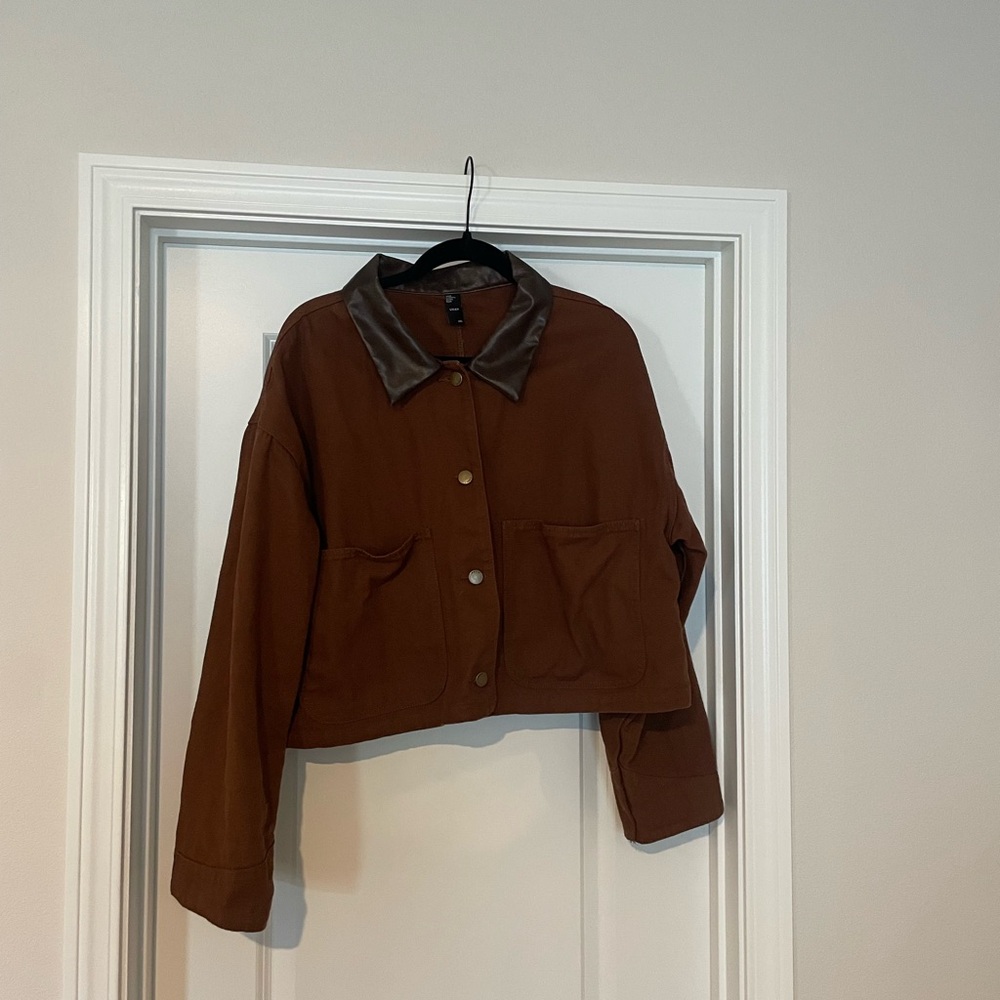 Brown Denim Leather Collar Solid Button Crop Barn… - image 2